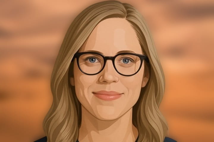 Digital illustration of Dr. Annie Andrews, pediatrician and U.S. Senate candidate, wearing glasses and a navy top, smiling in a professional indoor setting.