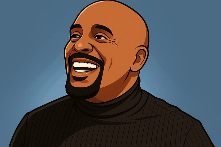 Illustrated portrait of comedian Arnez J, smiling in a black ribbed turtleneck, created in a semi-realistic digital art style.