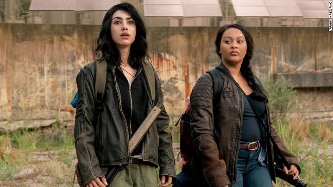 Aliyah Royale as Iris, Alexa Mansour as Hope, Nicolas Cantu as Elton - The Walking Dead: World Beyond _ Season 1, Episode 1 - Photo Credit: Sarah Shatz/AMC