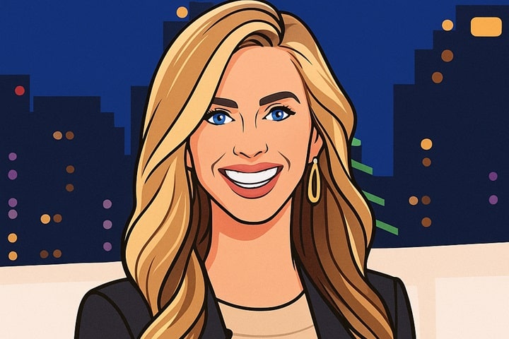 Illustrated digital portrait of news anchor Katie Zacheria smiling on set with city lights in the background.