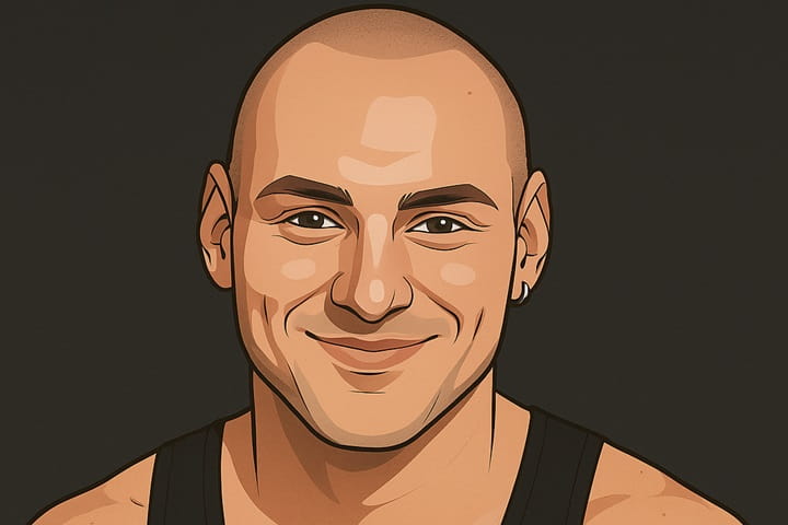 Leo Skepi smiling in a black tank top – fitness influencer and motivational speaker with a shaved head and athletic build.