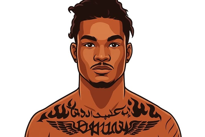 Illustrated portrait of UFC fighter Malcolm Wellmaker showing his signature chest tattoos, athletic build, and intense stare, representing his rising profile in MMA in 2025.