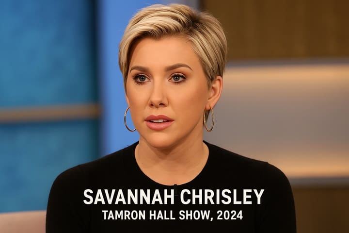 Savannah Chrisley on the Tamron Hall Show in 2024, wearing a black top and gold earrings, discussing guardianship and life after her parents’ imprisonment